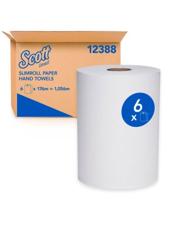 SCOTT® Slimroll Paper Hand Towels (12388), White Paper Towel Roll, 6 Compact Rolls / Case, 176m / Roll (1056m)