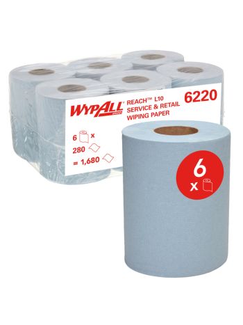 WYPALL® L10 Service & Retail Wiping Paper (6220), 1 Ply Centrefeed Reinforced Blue Wipers, 6 Centrefeed Rolls / Case, 280 Paper Wipers / Roll (1,680 Wipers)