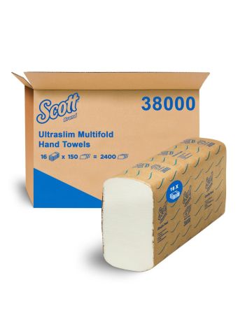 SCOTT® ESSENTIAL® Ultraslim Towels (38000) Multifold Hand Towels, White, 16 Packs / Case, 150 Hand Towels / Pack (2400 Hand Towels)