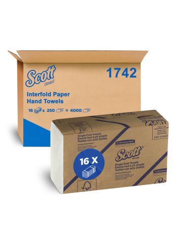 SCOTT® Interfold Paper Towels (1742), Folded Hand Towels, White, 16 Packs / Case, 250 Hand Towels / Pack (4000 Hand Towels)