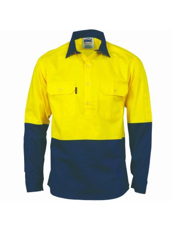 DNC HiVis 2 Tone Cool-Breeze Close Front Cotton Shirt - Long sleeve Combination In Stock